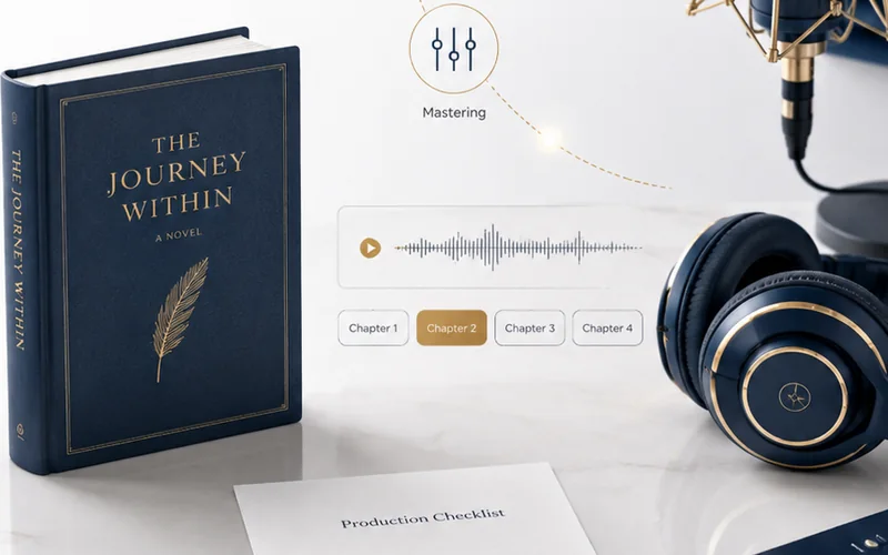 Audiobook production workspace with a microphone, headphones, and book