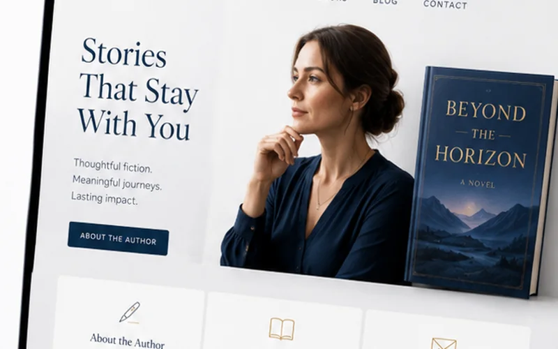 Author website displayed on a laptop with a responsive mobile layout