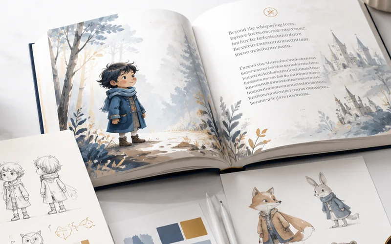 Book illustration workspace with story pages, character sketches, and colour studies