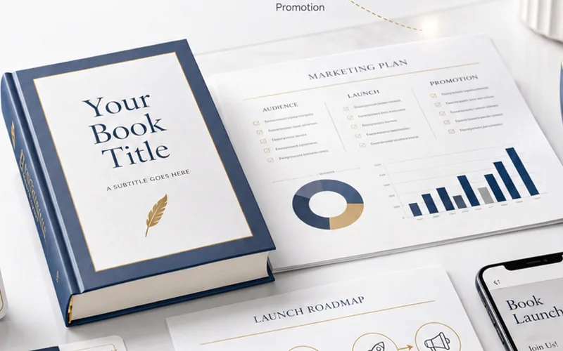 Book marketing workspace with launch planning, campaign charts, and promotion assets