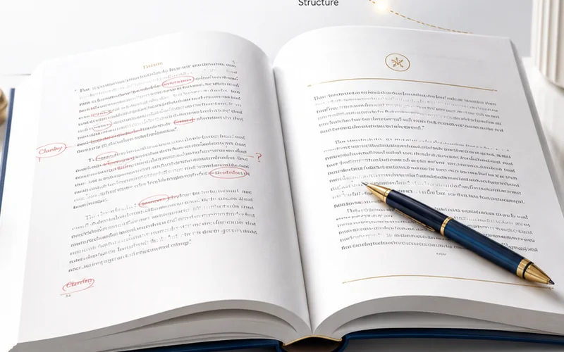 Editing and proofreading workspace with a marked manuscript and pen