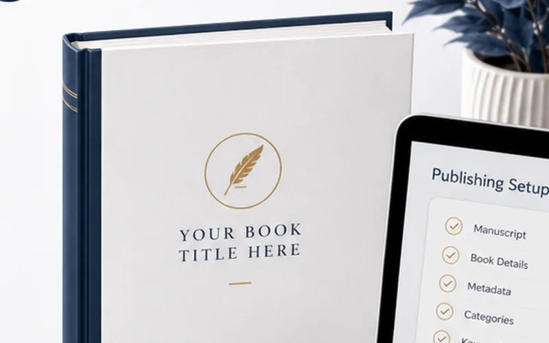 Publishing setup workspace with a book, metadata checklist, and upload screen